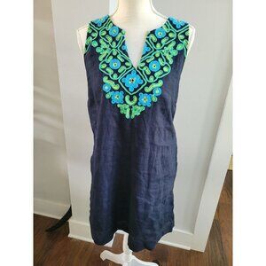 J.Crew Shift Dress Embroidered Button Back Sleeveless Blue Linen Resorts New XS